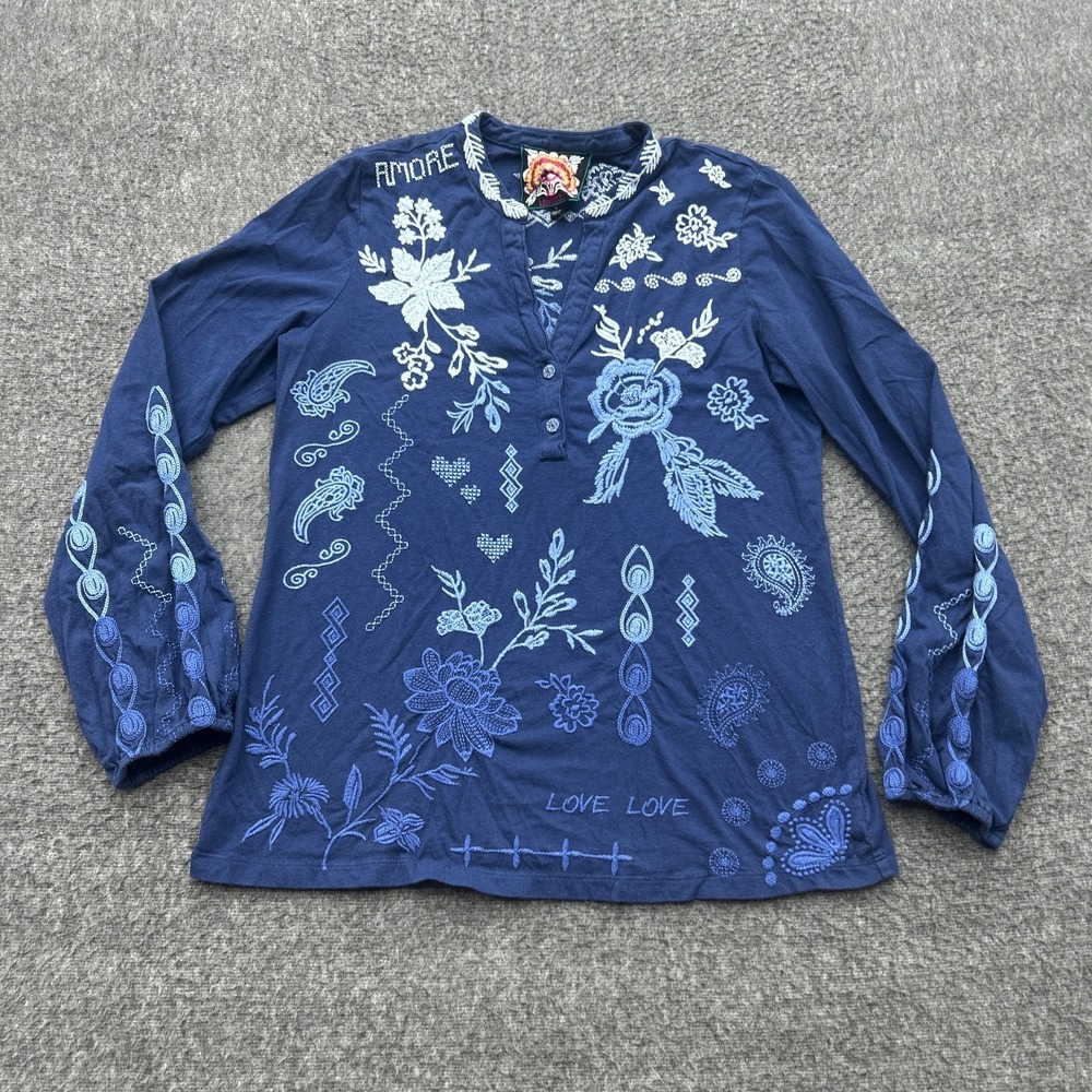 Johnny Was Bishop Sleeve Henley Tee Shirt Small Floral Blue Cotton Embroidered